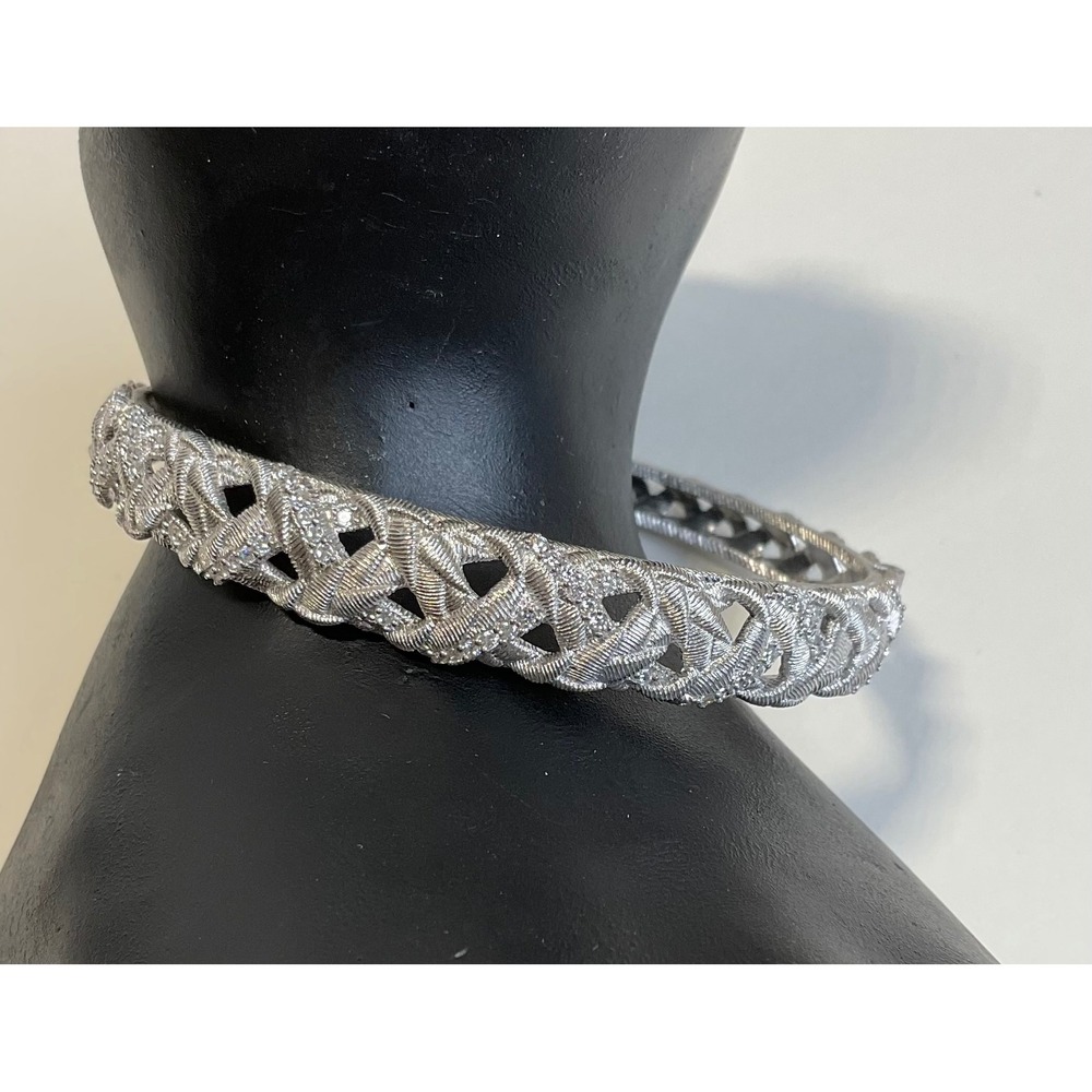 Judith Ripka 925 Sterling Silver CZ Woven Lattice Hinged Cuff Bracelet